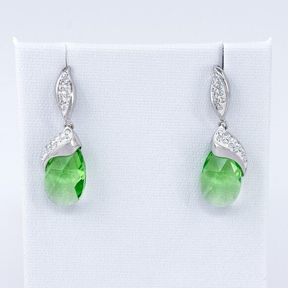 Vintage Sterling Silver Green Drop Earrings | Cubic Zirconia - Picture 1 of 8